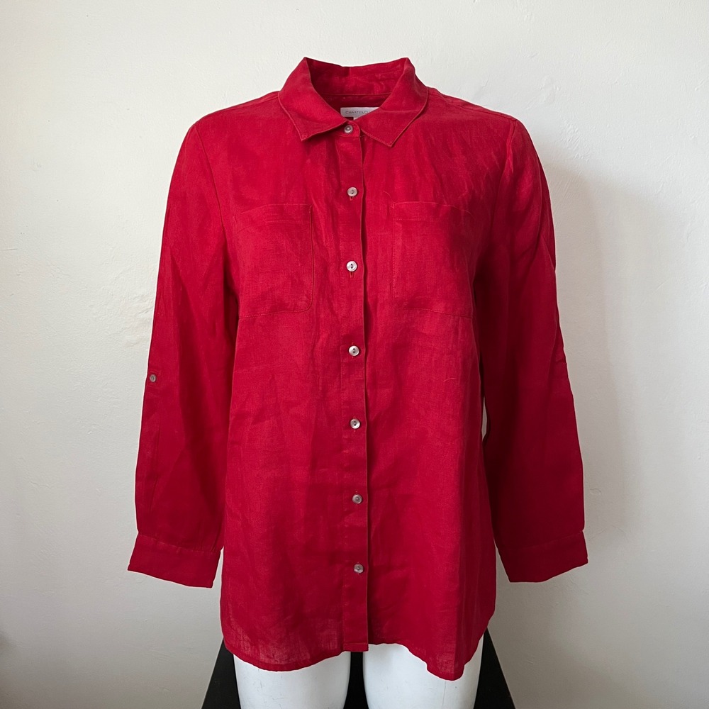Charter Club Red 100% Linen Button Down Roll Tab Sleeve Shirt Petite Large PL